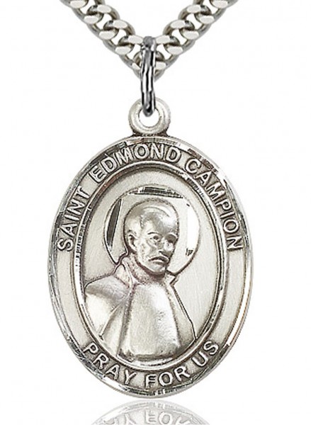 St. Edmund Campion Medal, Sterling Silver, Large - 24&quot; 2.4mm Rhodium Plate Chain + Clasp