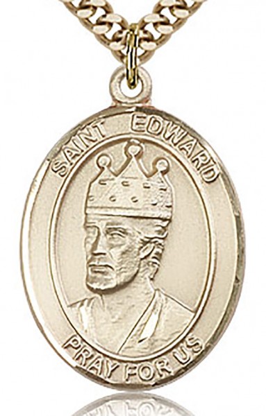 St. Edward the Confessor Medal, Gold Filled, Large - 24&quot; 2.4mm Gold Plated Chain + Clasp