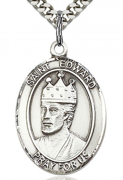 St. Edward the Confessor Medal, Sterling Silver, Large - 24&quot; 2.2mm Sterling Silver Chain + Clasp