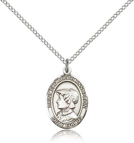 St. Elizabeth Ann Seton Medal, Sterling Silver, Medium - 18&quot; Lite Rhodium Plate Chain + Clasp