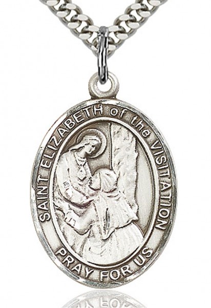St. Elizabeth of the Visitation Medal, Sterling Silver, Large - 24&quot; 2.4mm Rhodium Plate Chain + Clasp