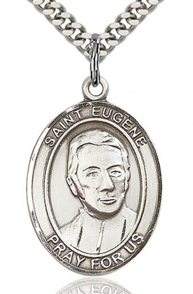 St. Eugene De Mazenod Medal, Sterling Silver, Large - 24&quot; 2.4mm Rhodium Plate Chain + Clasp