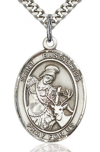 St. Eustachius Medal, Sterling Silver, Large - 24&quot; 2.4mm Rhodium Plate Chain + Clasp