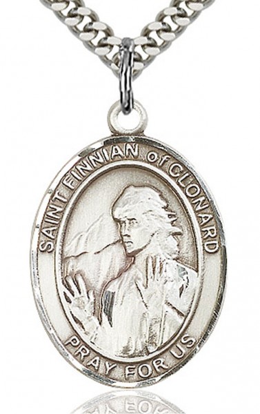 St. Finnian of Clonard Medal, Sterling Silver, Large - 24&quot; 2.4mm Rhodium Plate Chain + Clasp