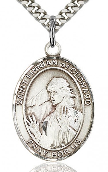 St. Finnian of Clonard Medal, Sterling Silver, Large - 24&quot; 2.4mm Rhodium Plate Endless Chain