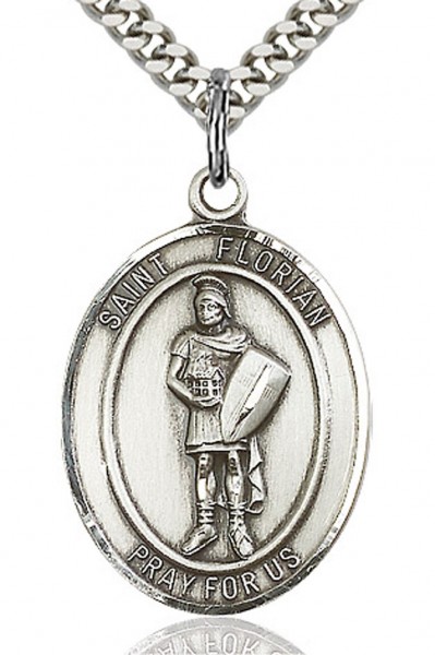 St. Florian Medal, Sterling Silver, Large - 24&quot; 2.2mm Sterling Silver Chain + Clasp