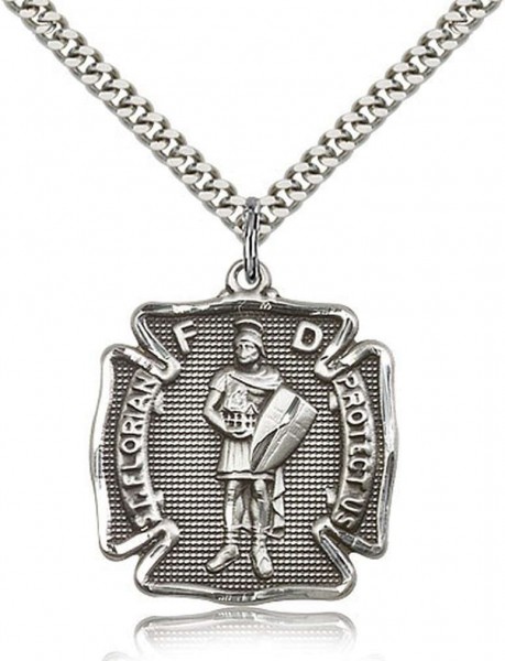 St. Florian Medal, Sterling Silver - 24&quot; 2.4mm Rhodium Plate Chain + Clasp