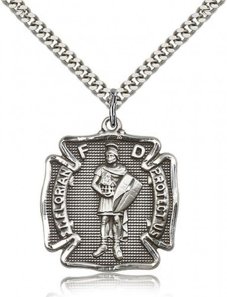 St. Florian Medal, Sterling Silver - 27&quot; 2.4mm Rhodium Plated Endless Chain