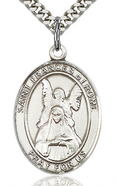 St. Frances of Rome Medal, Sterling Silver, Large - 24&quot; 2.4mm Rhodium Plate Chain + Clasp