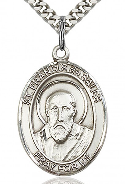 St. Francis De Sales Medal, Sterling Silver, Large - 24&quot; 2.2mm Sterling Silver Chain + Clasp