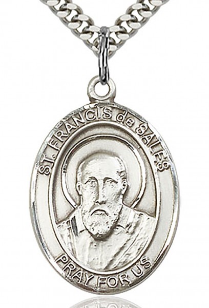 St. Francis De Sales Medal, Sterling Silver, Large - 24&quot; 2.4mm Rhodium Plate Chain + Clasp