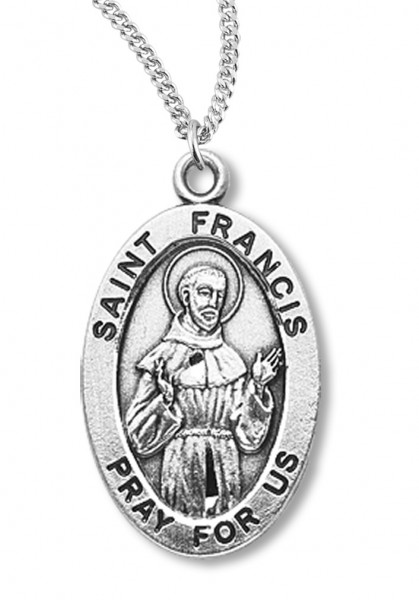 Boy's St. Francis Assisi Necklace Oval Sterling Silver with Chain - 20&quot; 2.2mm Stainless Steel Chain with Clasp