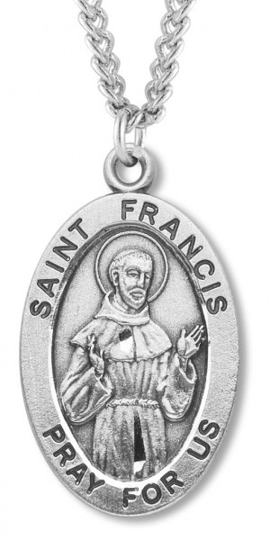 Men's Saint Francis Sterling Silver Oval Necklace with Chain Options - 24&quot; Sterling Silver Chain + Clasp