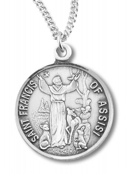 St. Francis Round Medal Sterling Silver - 18&quot; 2.2mm Stainless Steel Chain + Clasp