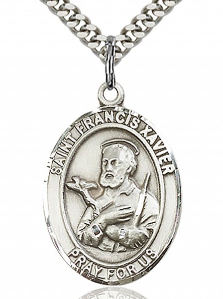 St. Francis Xavier Medal, Sterling Silver, Large - 24&quot; 2.2mm Sterling Silver Chain + Clasp
