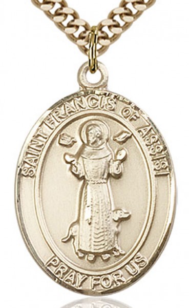 St. Francis of Assisi Medal, Gold Filled, Large - 24&quot; 2.4mm Gold Plated Chain + Clasp