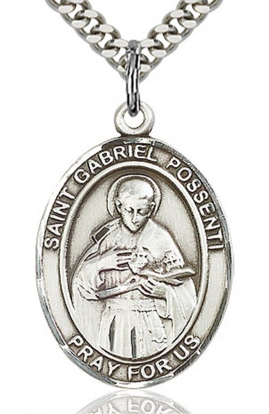 St. Gabriel Possenti Medal, Sterling Silver, Large - 24&quot; 2.4mm Rhodium Plate Chain + Clasp
