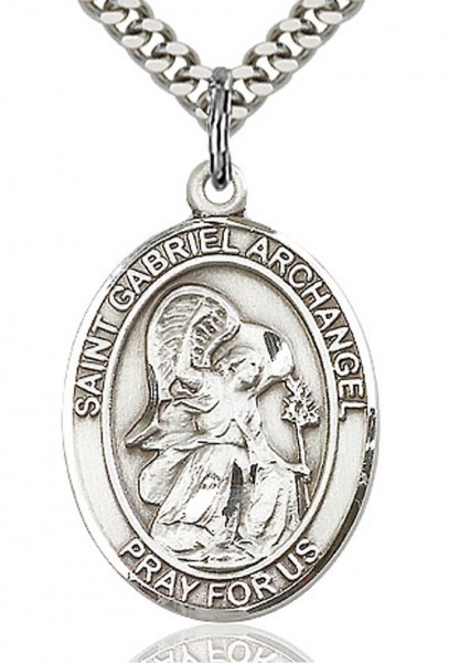 St. Gabriel the Archangel Medal, Sterling Silver, Large - 24&quot; 2.2mm Sterling Silver Chain + Clasp