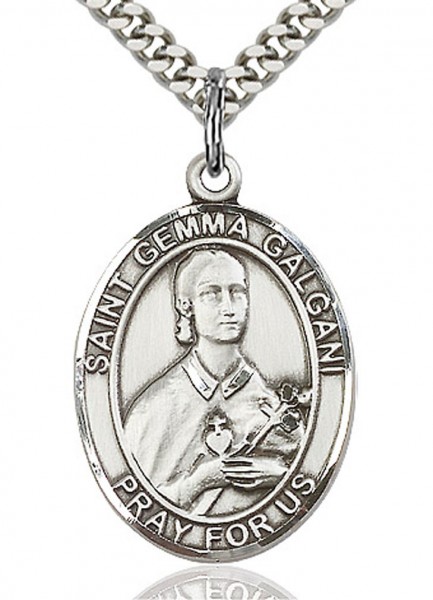 St. Gemma Galgani Medal, Sterling Silver, Large - 24&quot; 2.4mm Rhodium Plate Chain + Clasp