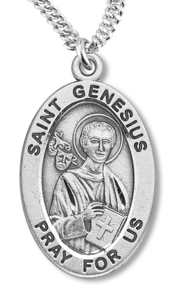 St. Genesius Medal Sterling Silver - 24&quot; 3mm Stainless Steel Chain + Clasp