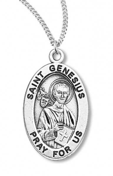 Boy's St. Genesius Necklace Oval Sterling Silver with Chain - 20&quot; 2.2mm Stainless Steel Chain with Clasp