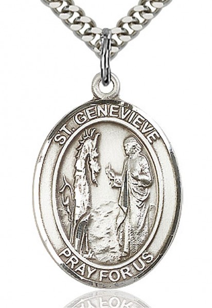 St. Genevieve Medal, Sterling Silver, Large - 24&quot; 2.2mm Sterling Silver Chain + Clasp