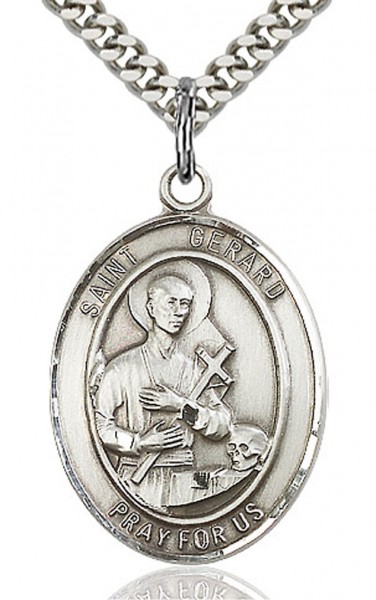 St. Gerard Majella Medal, Sterling Silver, Large - 24&quot; 2.2mm Sterling Silver Chain + Clasp