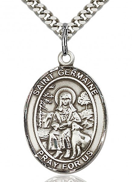 St. Germaine Cousin Medal, Sterling Silver, Large - 24&quot; 2.4mm Rhodium Plate Chain + Clasp