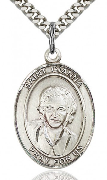 St. Gianna Medal, Sterling Silver, Large - 24&quot; 2.4mm Rhodium Plate Chain + Clasp