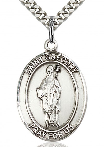 St. Gregory the Great Medal, Sterling Silver, Large - 24&quot; 2.2mm Sterling Silver Chain + Clasp