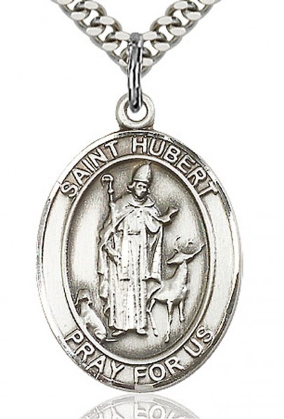 St. Hubert of Liege Medal, Sterling Silver, Large - 24&quot; 2.4mm Rhodium Plate Endless Chain