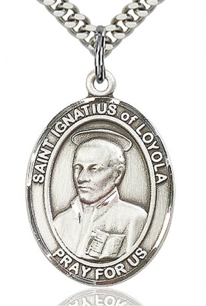 St. Ignatius of Loyola Medal, Sterling Silver, Large - 24&quot; 2.4mm Rhodium Plate Chain + Clasp