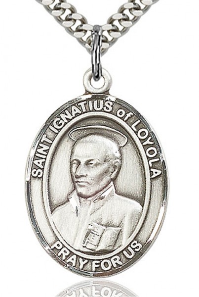 St. Ignatius of Loyola Medal, Sterling Silver, Large - 24&quot; 2.4mm Rhodium Plate Endless Chain