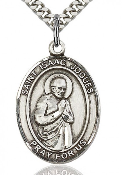 St. Isaac Jogues Medal, Sterling Silver, Large - 24&quot; 2.4mm Rhodium Plate Chain + Clasp