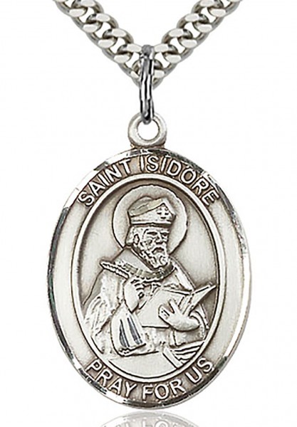 St. Isidore of Seville Medal, Sterling Silver, Large - 24&quot; 2.2mm Sterling Silver Chain + Clasp