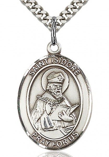 St. Isidore of Seville Medal, Sterling Silver, Large - 24&quot; 2.4mm Rhodium Plate Endless Chain