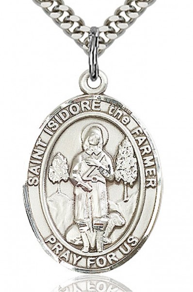 St. Isidore the Farmer Medal, Sterling Silver, Large - 24&quot; 2.4mm Rhodium Plate Chain + Clasp