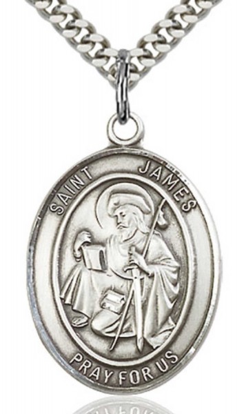 St. James the Greater Medal, Sterling Silver, Large - 24&quot; 2.2mm Sterling Silver Chain + Clasp