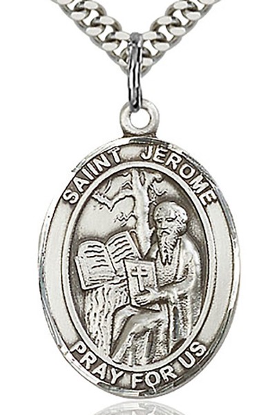 St. Jerome Medal, Sterling Silver, Large - 24&quot; 2.4mm Rhodium Plate Chain + Clasp