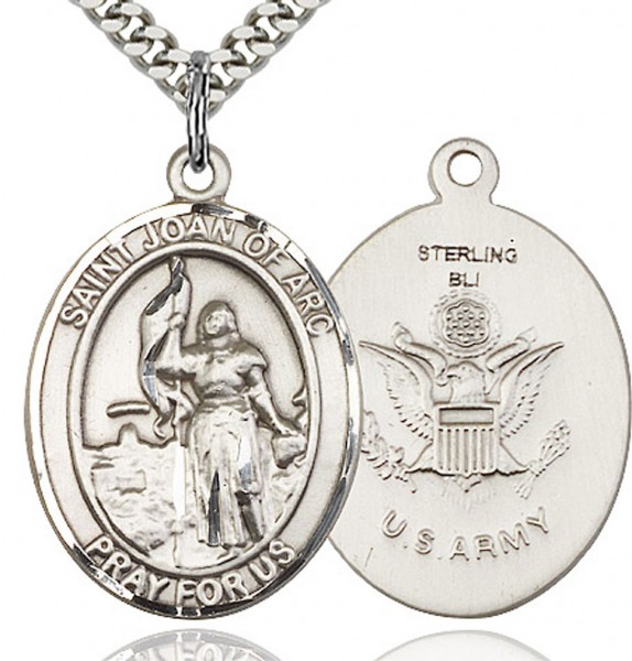 St. Joan of Arc Army Medal, Sterling Silver, Large - 24&quot; 2.2mm Sterling Silver Chain + Clasp