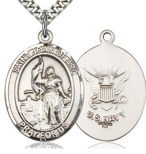 St. Joan of Arc Navy Medal, Sterling Silver, Large - 24&quot; 2.2mm Sterling Silver Chain + Clasp