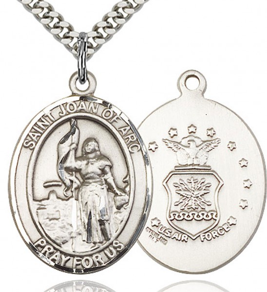 St. Joan of Arc Air Force Medal, Sterling Silver, Large - 24&quot; 2.4mm Rhodium Plate Chain + Clasp