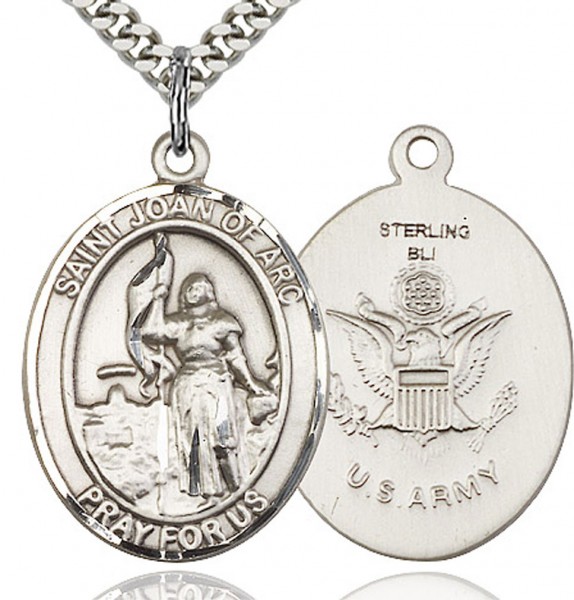 St. Joan of Arc Army Medal, Sterling Silver, Large - 24&quot; 2.4mm Rhodium Plate Endless Chain