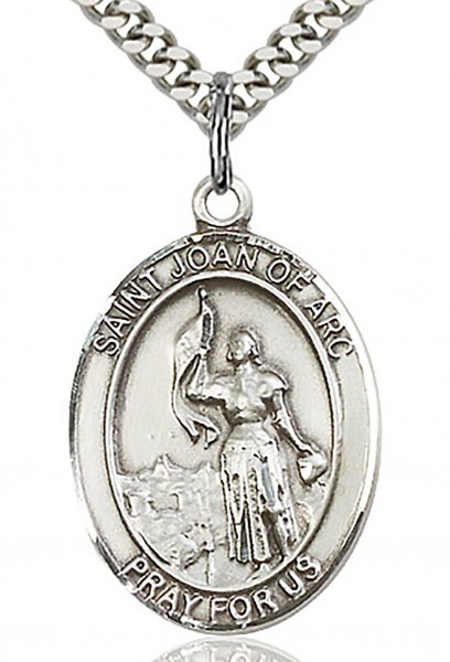 St. Joan of Arc Medal, Sterling Silver, Large - 24&quot; 2.4mm Rhodium Plate Chain + Clasp