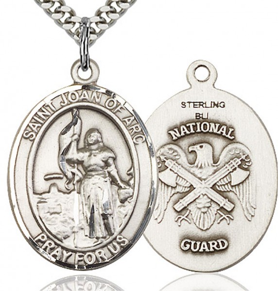 St. Joan of Arc National Guard Medal, Sterling Silver, Large - 24&quot; 2.4mm Rhodium Plate Chain + Clasp