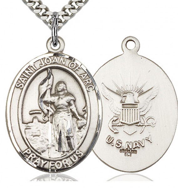 St. Joan of Arc Navy Medal, Sterling Silver, Large - 24&rdquo; 1.7mm Sterling Silver Chain &amp; Clasp