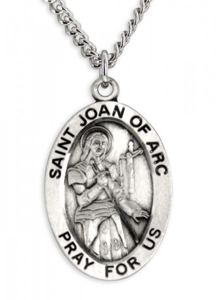 Men's St. Joan of Arc Necklace Oval Sterling Silver with Chain Options - 24&quot; 3mm Stainless Steel Chain + Clasp