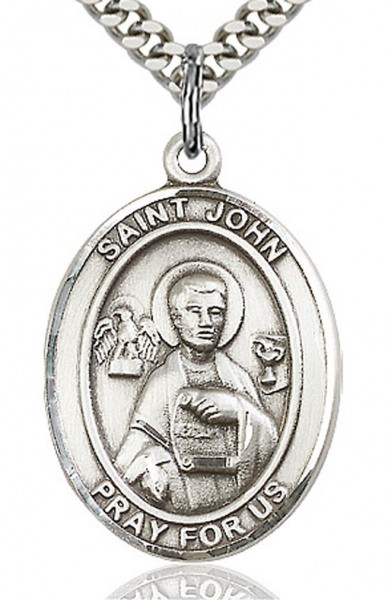 St. John the Apostle Medal, Sterling Silver, Large - 24&quot; 2.2mm Sterling Silver Chain + Clasp