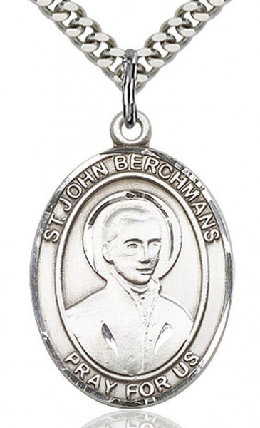 St. John Berchmans Medal, Sterling Silver, Large - 24&quot; 2.4mm Rhodium Plate Chain + Clasp