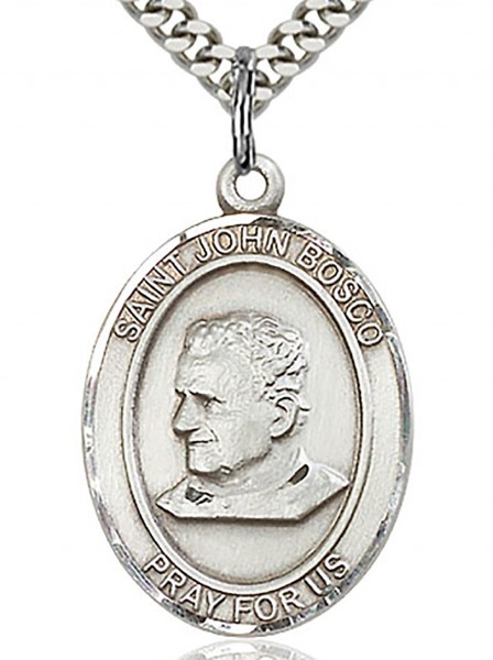 St. John Bosco Medal, Sterling Silver, Large - 24&quot; 2.2mm Sterling Silver Chain + Clasp